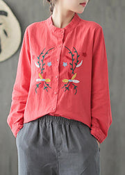 Stand Collar Spring Embroidery Blouse Irregular Hem