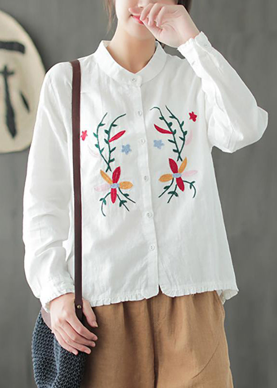 Stand Collar Spring Embroidery Blouse Irregular Hem