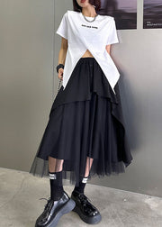 Streetwear Black elastic waist button Asymmetrical tulle Patchwork Skirts Spring