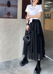 Streetwear Black elastic waist button Asymmetrical tulle Patchwork Skirts Spring