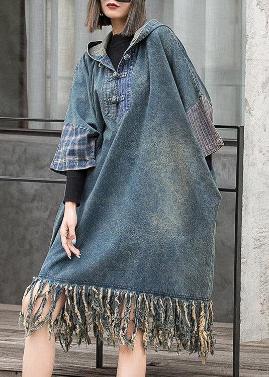 Streetwear Blaues Patchwork-Denimkleid mit Fledermausärmeln und Quasten