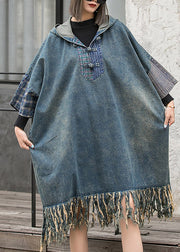 Streetwear Blaues Patchwork-Denimkleid mit Fledermausärmeln und Quasten