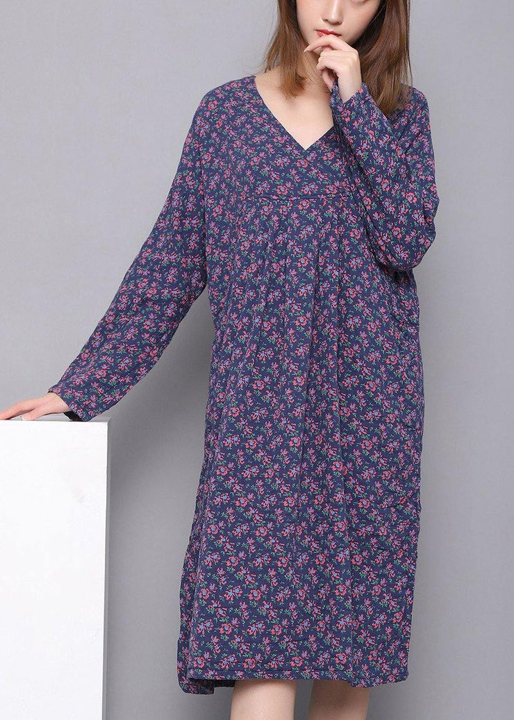 Style Blue V Neck Dress Print Spring Maxi Dress - SooLinen