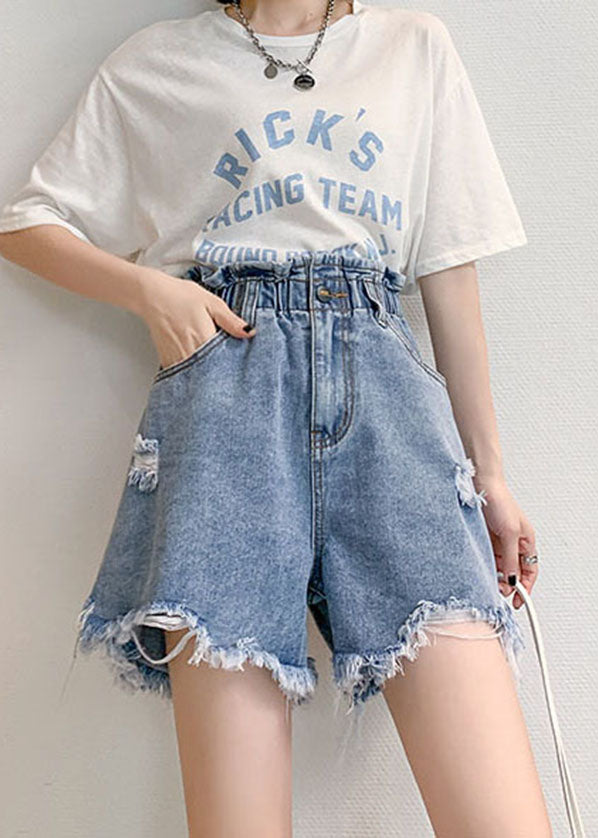 Stil Hellblaue elastische Taillentaschen Baumwolle zerrissene Hotpants Sommer