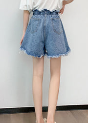 Style Light Blue Elastic Waist Pockets Cotton Ripped Hot Pants Summer