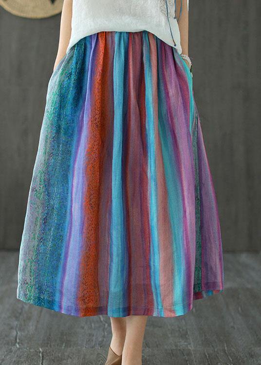 Style Striped Retro Patchwork A Line Skirts Ramie - SooLinen