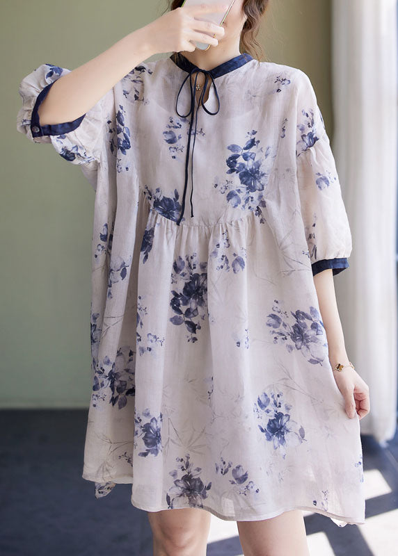 Style White Stand Collar Asymmetrical Wrinkled Print Cotton Linen Party Dress Half Sleeve