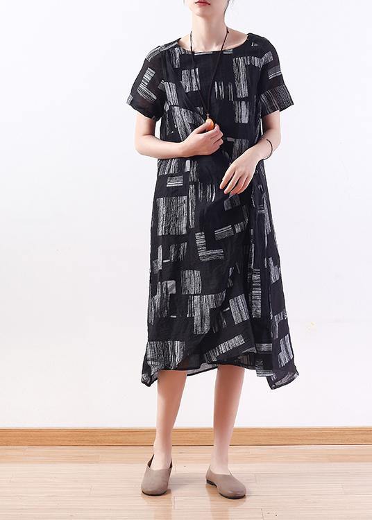 Style tie waist linen clothes Neckline black prints Dress summer - SooLinen