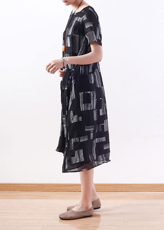 Style tie waist linen clothes Neckline black prints Dress summer - SooLinen