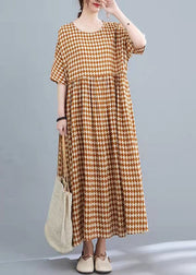 Style O Neck Half Sleeve Cotton Linen Dresses Khaki Print Long Dresses Summer