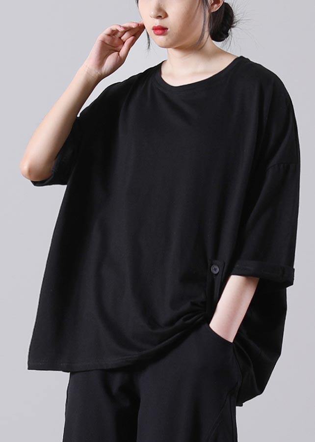 Stylish Black O-Neck Cotton Top Summer - SooLinen