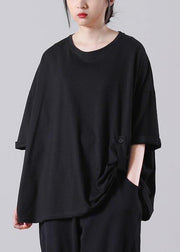 Stylish Black O-Neck Cotton Top Summer - SooLinen