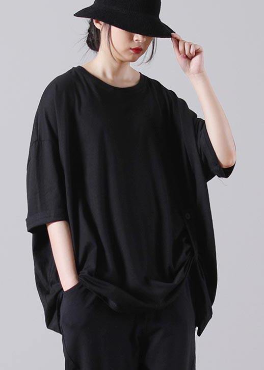 Stylish Black O-Neck Cotton Top Summer - SooLinen