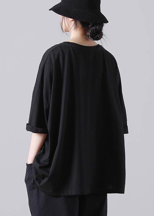 Stylish Black O-Neck Cotton Top Summer - SooLinen