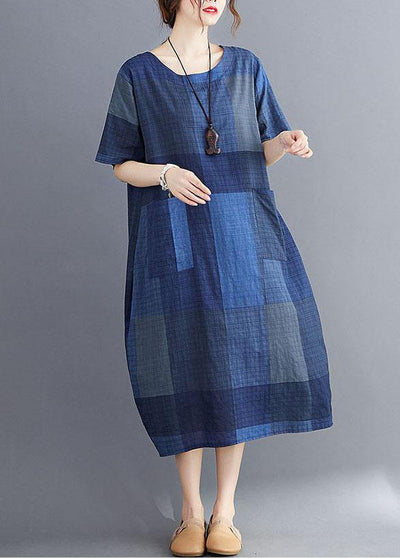 Stylish Blue O Neck Plaid Maxi Dresses Cotton Linen Summer - SooLinen