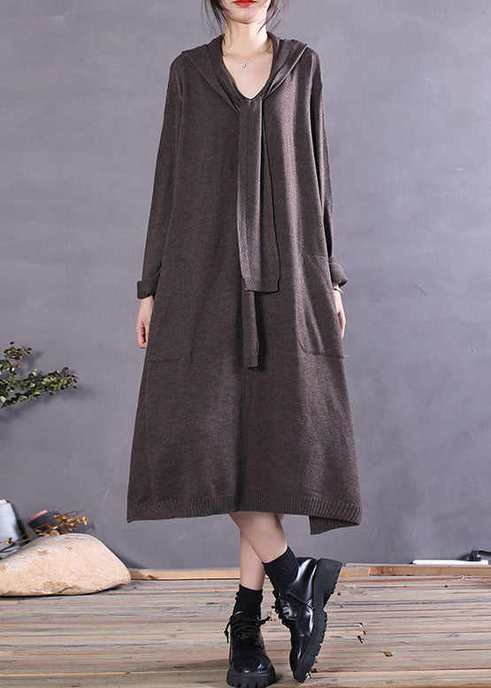 Stylish Chocolate Pockets Loose Knit Long Dresses Spring