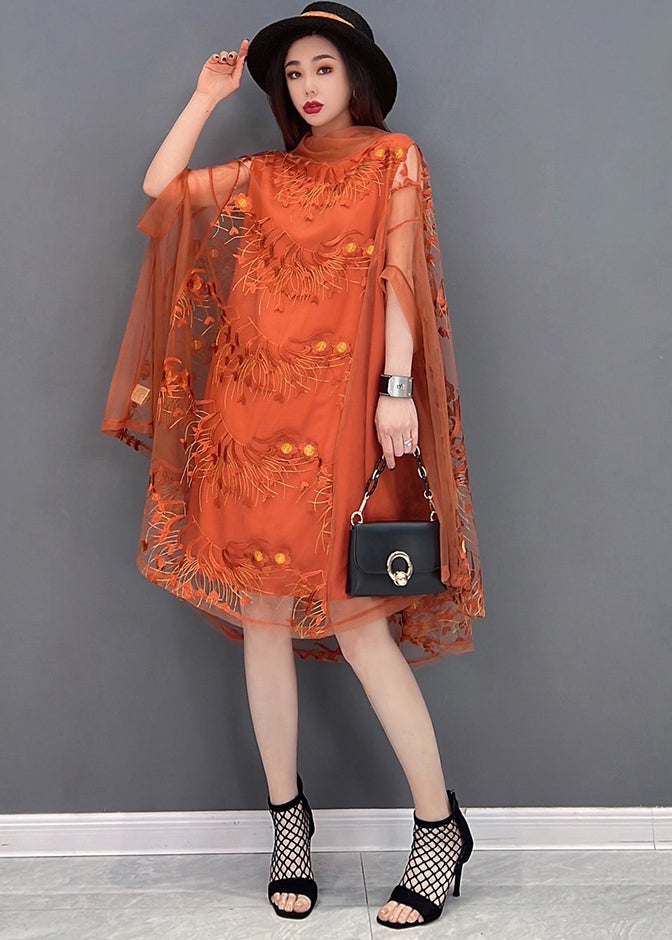 Stylish Orange Embroideried Turtle Neck Tulle UPF 50+ Dress Batwing Sleeve