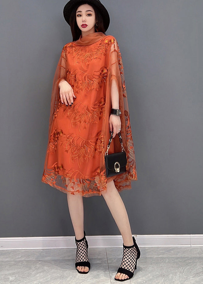 Stylish Orange Embroideried Turtle Neck Tulle UPF 50+ Dress Batwing Sleeve