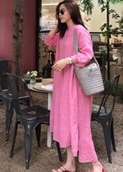 Stylish Pink V Neck Button Side Open Low High Design Linen Dress Long sleeve