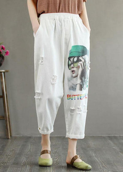 Stylish White Print High Waist Hole Harem Cotton Pants - SooLinen