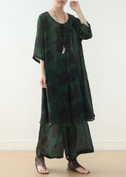 Summer green Chinese Button Print o Neck Silk Satin Top Wide Leg Pants Two Piece - SooLinen