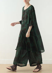 Summer green Chinese Button Print o Neck Silk Satin Top Wide Leg Pants Two Piece - SooLinen