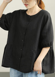 Unique Black Cinched Linen Summer Shirts - SooLinen