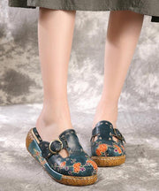 Unique Embossed Platform Slippers Shoes Blue Cowhide Leather - SooLinen