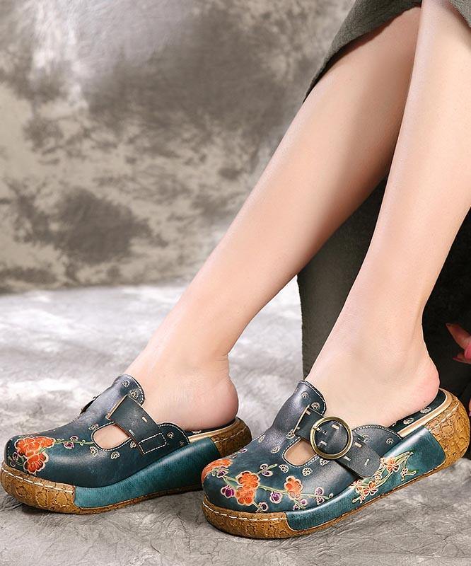 Unique Embossed Platform Slippers Shoes Blue Cowhide Leather - SooLinen