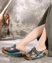 Unique Embossed Platform Slippers Shoes Blue Cowhide Leather - SooLinen