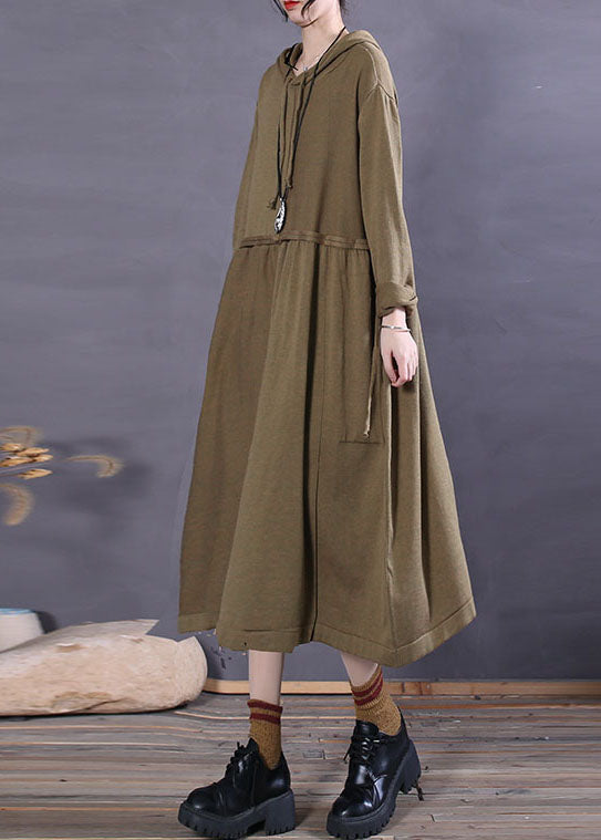 Unique Grass Green Hooded Pockets Knit Party Dress Spring