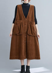 Unique V Neck Sleeveless cotton Spring Dresses Lnspiration Brown Robe Dress - SooLinen