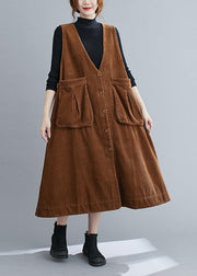 Unique V Neck Sleeveless cotton Spring Dresses Lnspiration Brown Robe Dress - SooLinen