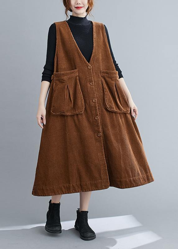 Unique V Neck Sleeveless cotton Spring Dresses Lnspiration Brown Robe Dress - SooLinen