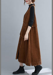 Unique V Neck Sleeveless cotton Spring Dresses Lnspiration Brown Robe Dress - SooLinen