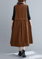 Unique V Neck Sleeveless cotton Spring Dresses Lnspiration Brown Robe Dress - SooLinen