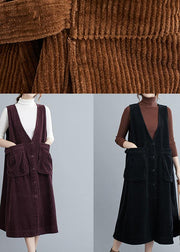 Unique V Neck Sleeveless cotton Spring Dresses Lnspiration Brown Robe Dress - SooLinen