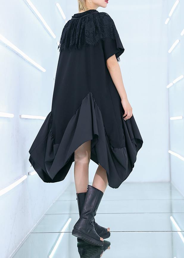 Unique black patchwork Cotton Tunics half sleeve cotton summer Dresses - SooLinen