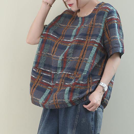 Unique gray plaid linen Blouse o neck short summer blouses - SooLinen