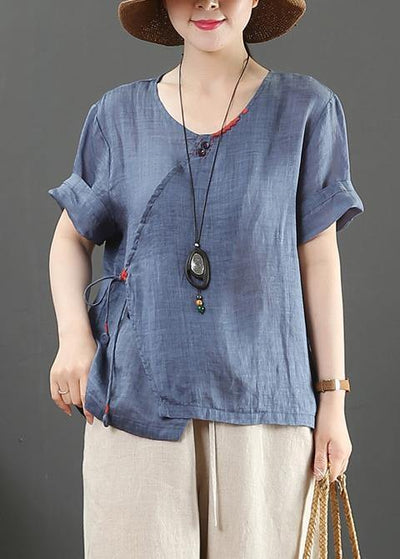 Unique navy linen Blouse o neck Button Down Midi tops - SooLinen