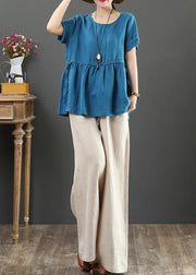 Unique o neck Cinched linen summer shirts Neckline blue blouses - SooLinen