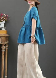 Unique o neck Cinched linen summer shirts Neckline blue blouses - SooLinen