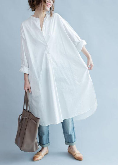 Unique side open cotton tunic pattern white Dresses fall - SooLinen