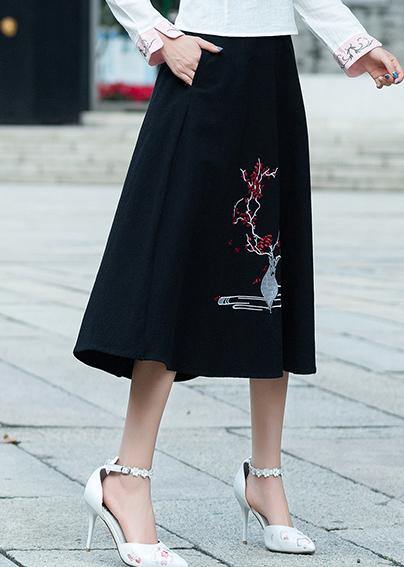 Vivid A line skirts Cotton Drops Design Runway black embroidery short skirt Summer - SooLinen