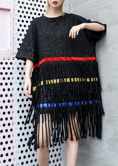 Vivid black Cotton 0layered tassel Dresses summer Dress - SooLinen