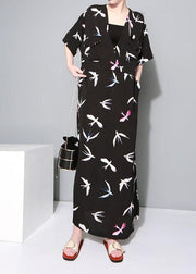 Vivid black prints chiffon clothes side open Traveling summer Dresses - SooLinen