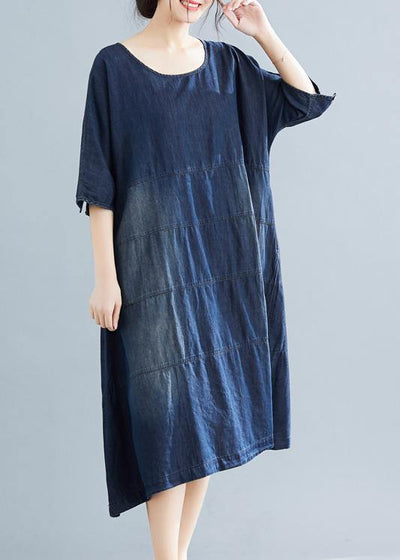 Vivid denim blue cotton quilting dresses Boho Fabrics o neck Kaftan summer Dresses - SooLinen