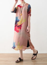 Vivid pink prints chiffon clothes side open summer Dresses - SooLinen