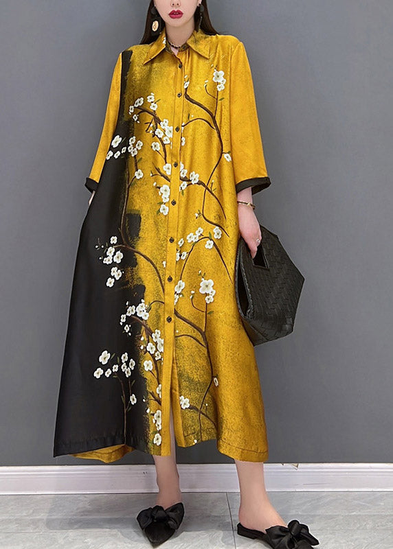 Vogue Yellow Peter Pan Collar Print Button Silk Long Dress Long Sleeve