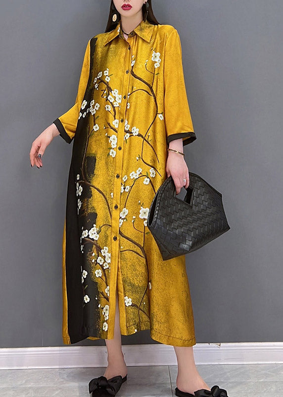 Vogue Yellow Peter Pan Collar Print Button Silk Long Dress Long Sleeve